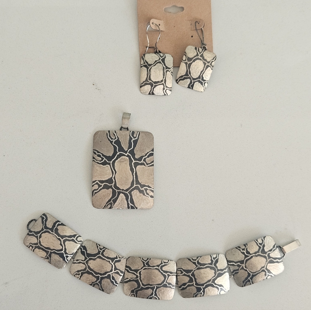 Vintage MCM Modernist Polish Sterling Silver Artisan Earrings Bracelet Pendant